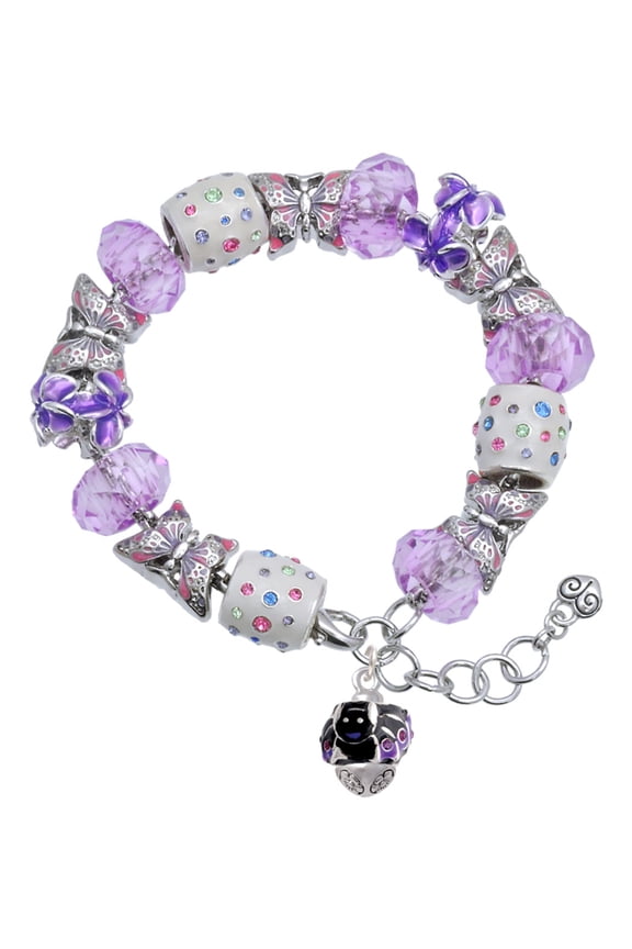 Silvertone Black and Purple Bats with Crystals Spinner Purple Butterfly Bead Charm Bracelet, 7"+1" Extender