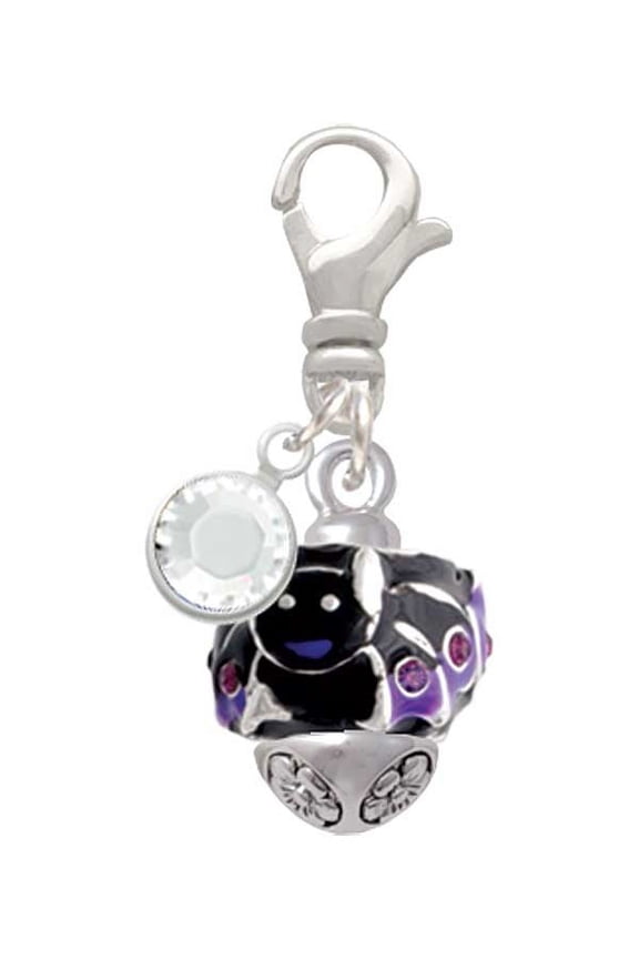 Silvertone Black and Purple Bats with Crystals Spinner - Silvertone Clip on Charm with Clear Crystal Drop