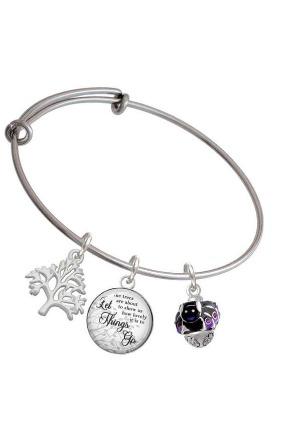 Silvertone Black and Purple Bats with Crystals Spinner Silvertone Let Things Go Tree Charm Bangle Bracelet