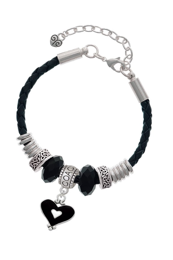 Silvertone Black and White Enamel Heart Coach Celtic Knot Leather Bead Bracelet, 7"+2" Extender