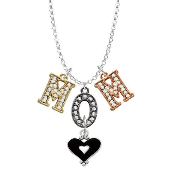 Delight Jewelry Silvertone Black and White Enamel Heart Multi-Colored Crystal Mom Charm Necklace