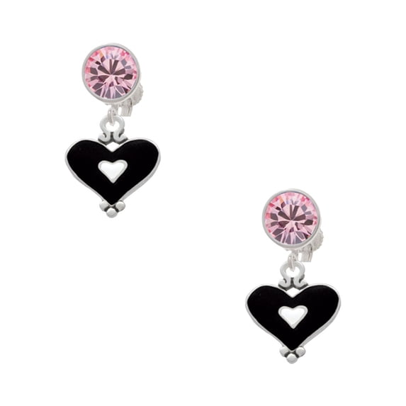 Delight Jewelry Silvertone Black and White Enamel Heart Pink Crystal Clip on Earrings