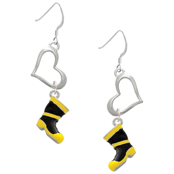Delight Jewelry Silvertone Black and Yellow Firefighter Boot Open Heart French Earrings