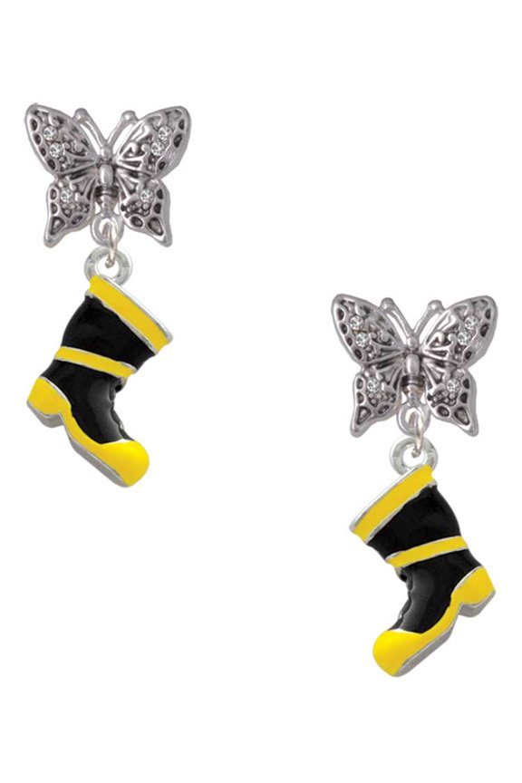 Silvertone Black and Yellow Firefighter Boot Silvertone Antiqued Butterfly Post Earrings