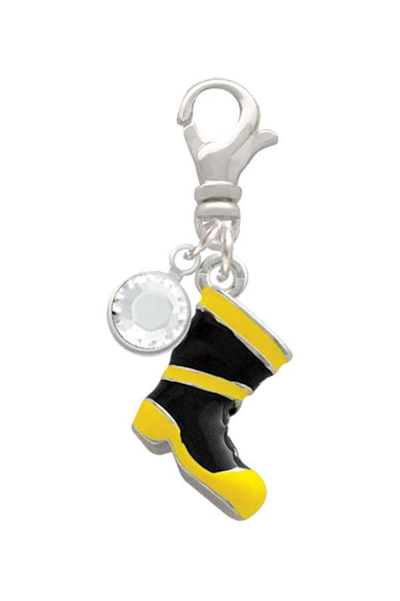 Silvertone Black and Yellow Firefighter Boot - Silvertone Clip on Charm with Clear Crystal Drop