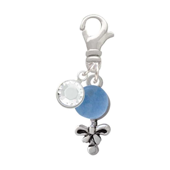 Delight Jewelry Silvertone Blue Baby Rattle - Silvertone Clip on Charm with Clear Crystal Drop
