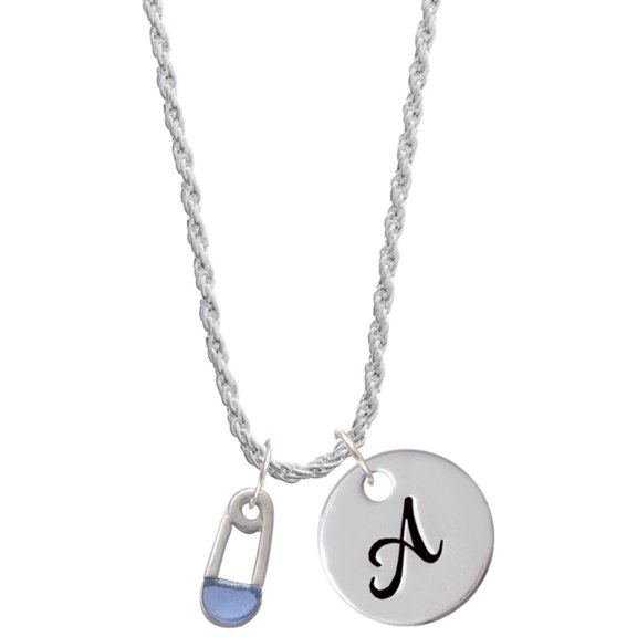 Delight Jewelry Silvertone Blue Baby Safety Pin Silvertone Script Initial Disc - A - Charm Necklace, 20"+3"