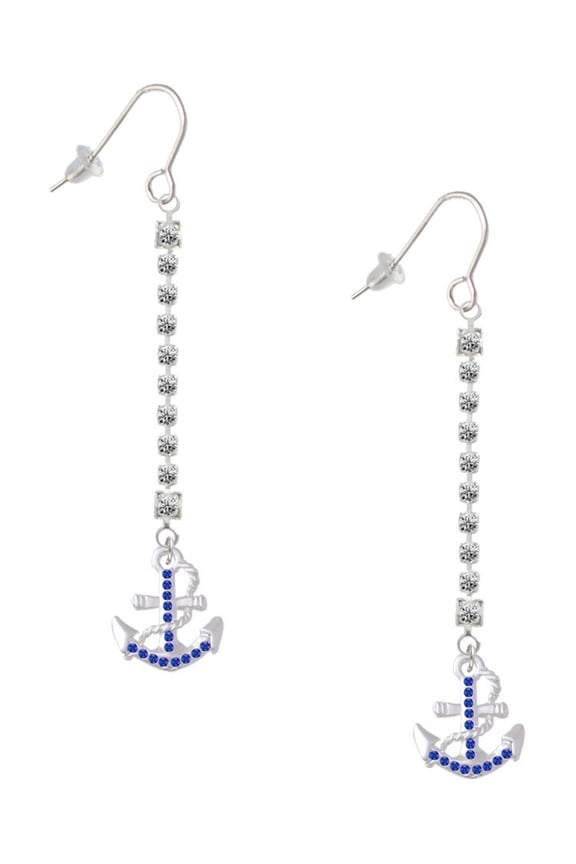 Silvertone Blue Crystal Anchor - Silver-tone Long Sparkle Dangle French Earrings