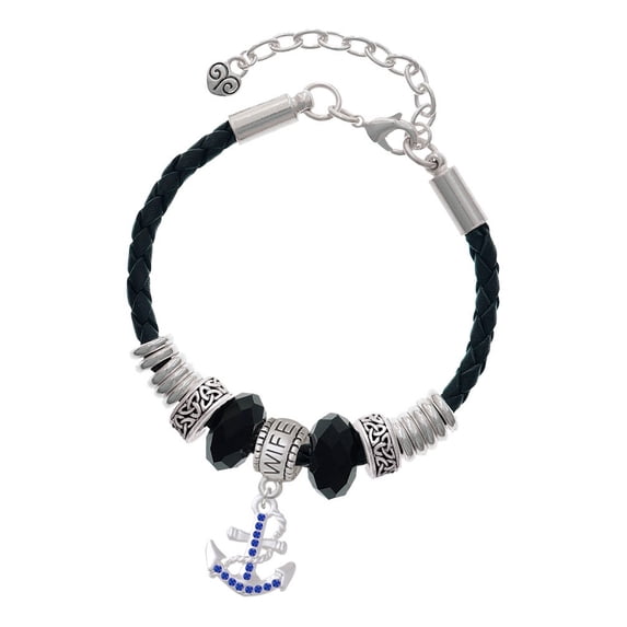 Delight Jewelry Silvertone Blue Crystal Anchor Wife Celtic Knot Leather Bead Bracelet, 7"+2" Extender