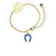 Delight Jewelry Silvertone Blue Crystal Horseshoe Gold-tone Flower Link Chain Bracelet, 6.75"+2" Extender
