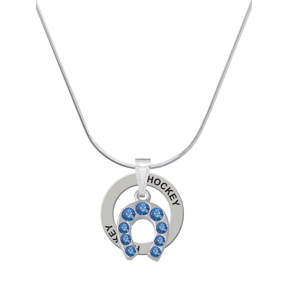 Delight Jewelry Silvertone Blue Crystal Horseshoe Hockey Ring Charm Necklace, 18"