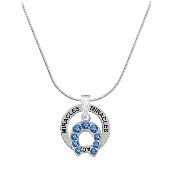 Delight Jewelry Silvertone Blue Crystal Horseshoe Miracles Ring Charm Necklace, 18"