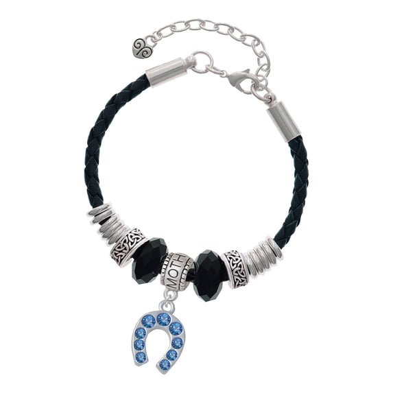 Delight Jewelry Silvertone Blue Crystal Horseshoe Mother Celtic Knot Leather Bead Bracelet, 7"+2" Extender