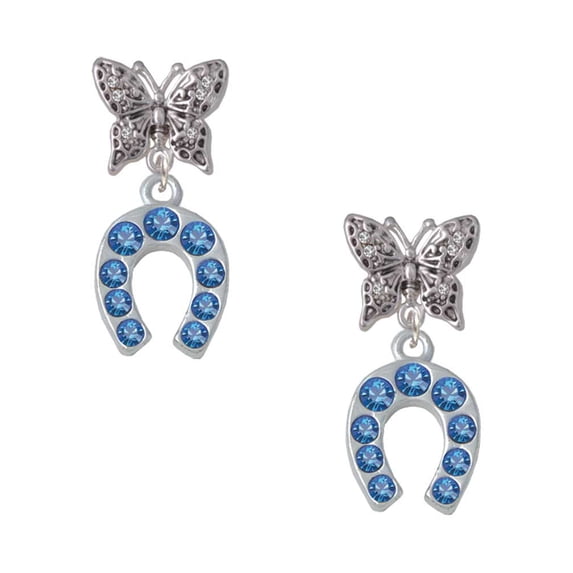 Delight Jewelry Silvertone Blue Crystal Horseshoe Silvertone Antiqued Butterfly Post Earrings