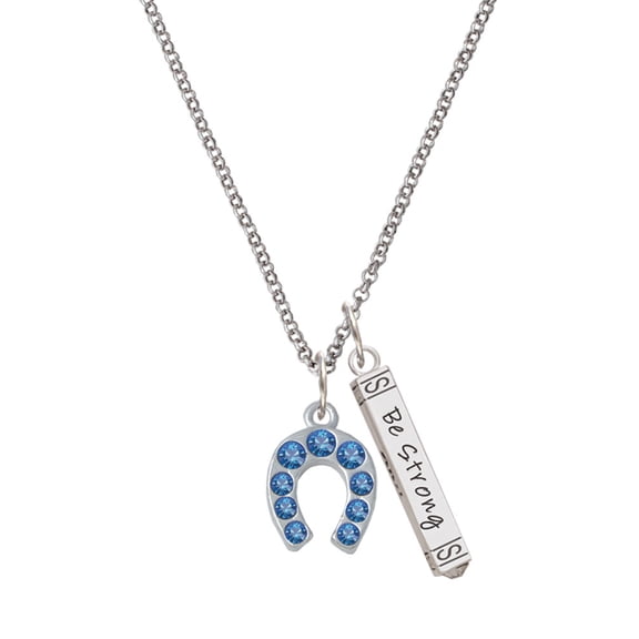 Delight Jewelry Silvertone Blue Crystal Horseshoe Silvertone Be Strong and Courageous Bar Charm Necklace, 23"