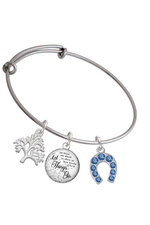 Silvertone Blue Crystal Horseshoe Silvertone Let Things Go Tree Charm Bangle Bracelet