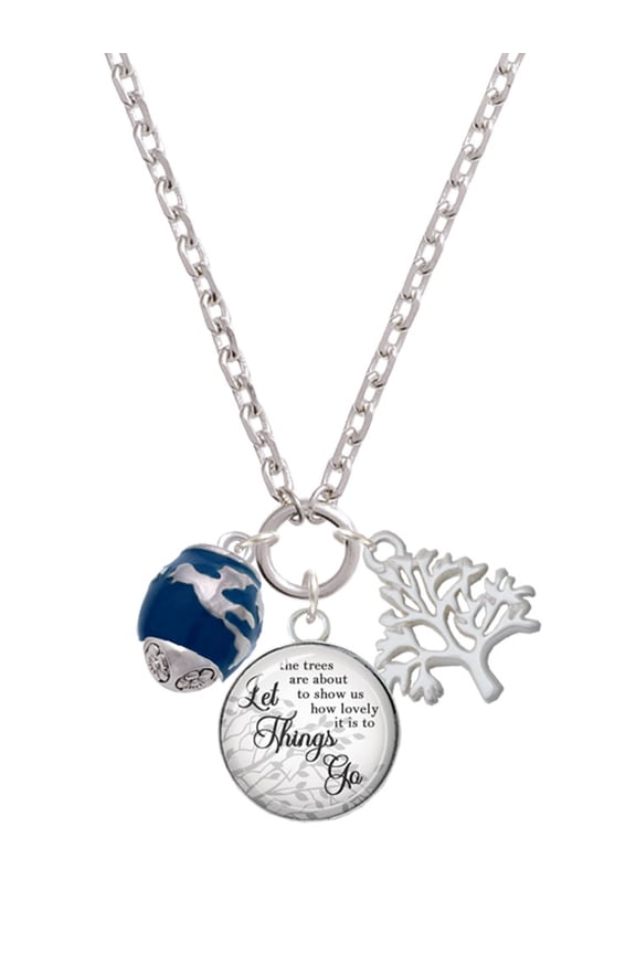 Silvertone Blue Enamel World Globe Spinner Let Things Go Fall Zoey Charm Necklace, 28"