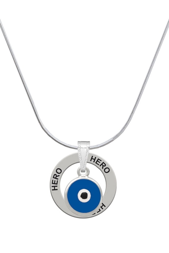 Silvertone Blue Evil Eye Good Luck Hero Ring Charm Necklace, 18"