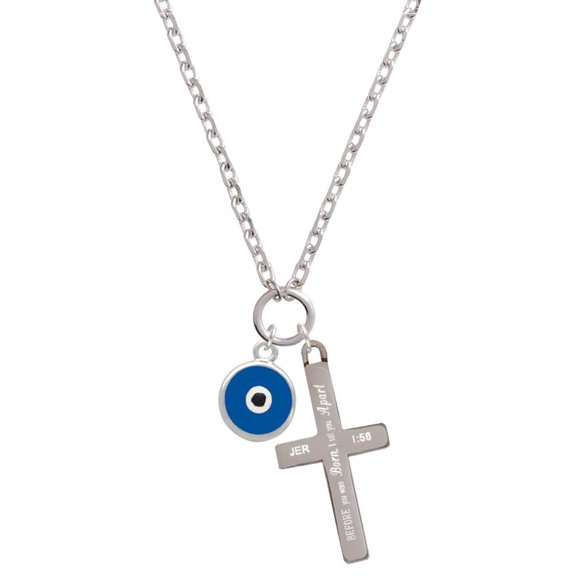 Delight Jewelry Silvertone Blue Evil Eye Good Luck I Set You Apart Engraved Cross Zoey Necklace, 28"