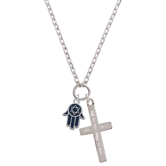 Delight Jewelry Silvertone Blue Hamsa Hand with Star of David I Have Plans for You Engraved Cross Zoey Necklace, 28"