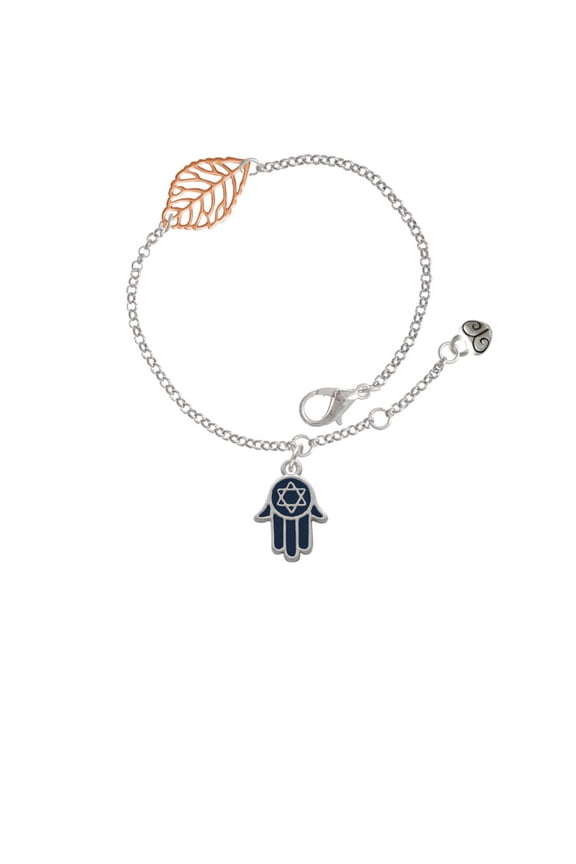 Silvertone Blue Hamsa Hand with Star of David - Rose Goldtone Leaf Delicate Bracelet, 6.25+1.75"