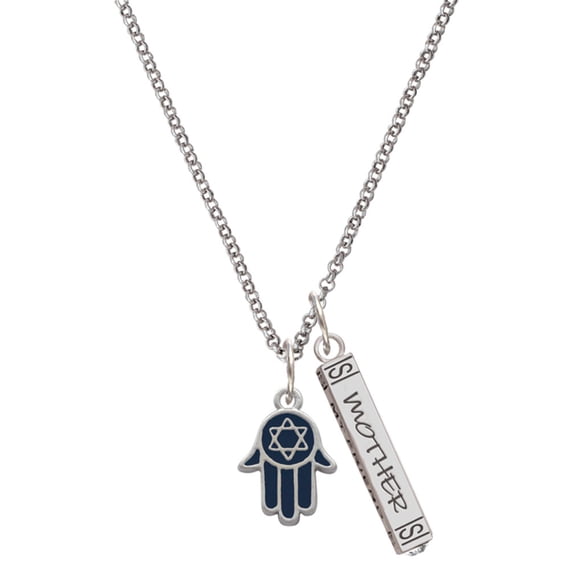 Delight Jewelry Silvertone Blue Hamsa Hand with Star of David Silvertone Mother Daughter Bar Charm Necklace, 23"