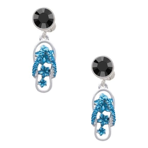 Delight Jewelry Silvertone Blue Open Plumeria Flower Flip Flop Black Crystal Clip on Earrings