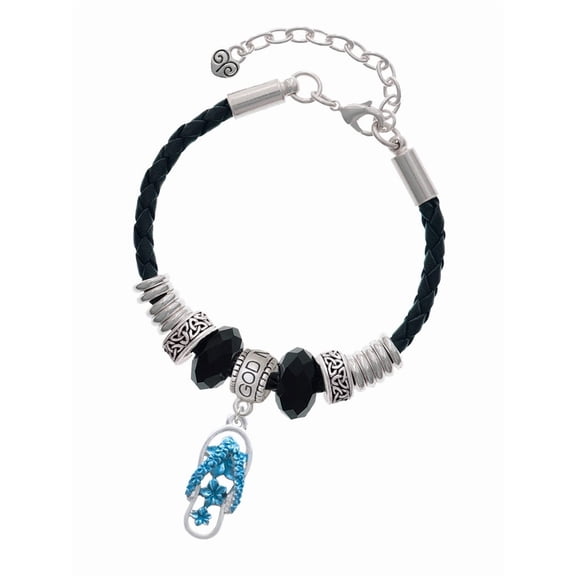 Delight Jewelry Silvertone Blue Open Plumeria Flower Flip Flop Godmother Celtic Knot Leather Bead Bracelet, 7"+2" Extender