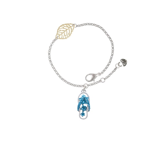 Delight Jewelry Silvertone Blue Open Plumeria Flower Flip Flop - Goldtone Leaf Delicate Bracelet, 6.25+1.75"