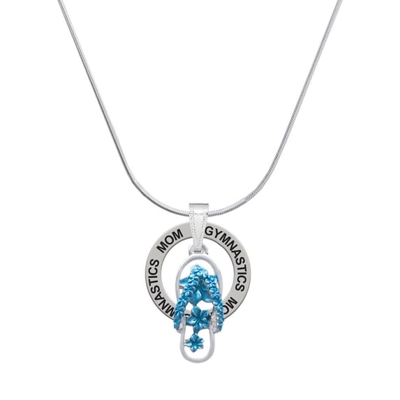 Delight Jewelry Silvertone Blue Open Plumeria Flower Flip Flop Gymnastics Mom Ring Charm Necklace, 18"