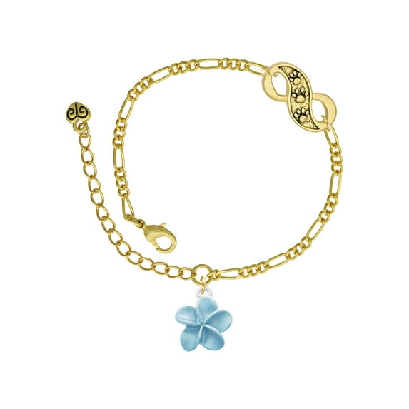 Delight Jewelry Silvertone Blue Plumeria Flower Gold-tone Paw Infinity Link Chain Bracelet, 6"+2" Extender