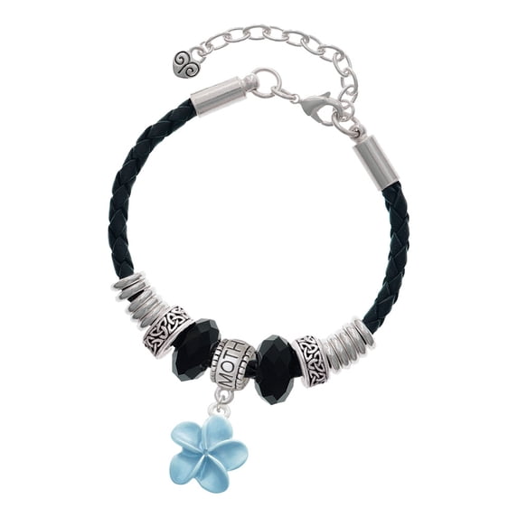 Delight Jewelry Silvertone Blue Plumeria Flower Mother Celtic Knot Leather Bead Bracelet, 7"+2" Extender