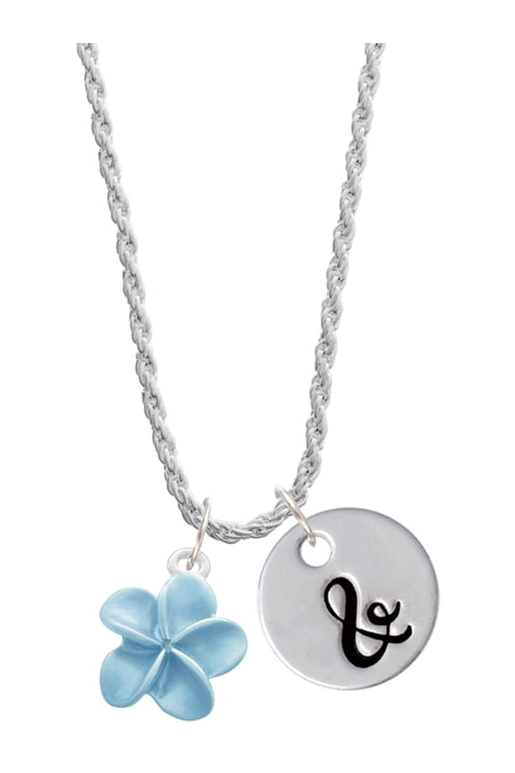 Silvertone Blue Plumeria Flower Silvertone Script Initial Disc - & - Charm Necklace, 20"+3"