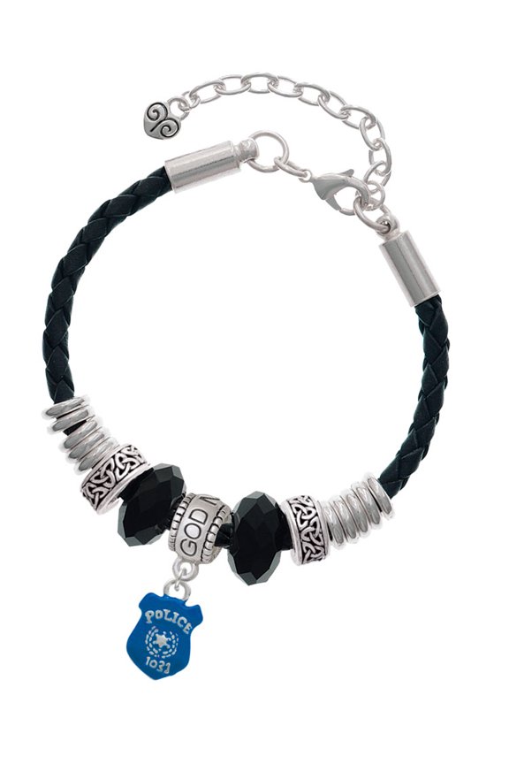 Silvertone Blue Policeman's Badge Godmother Celtic Knot Leather Bead Bracelet, 7"+2" Extender
