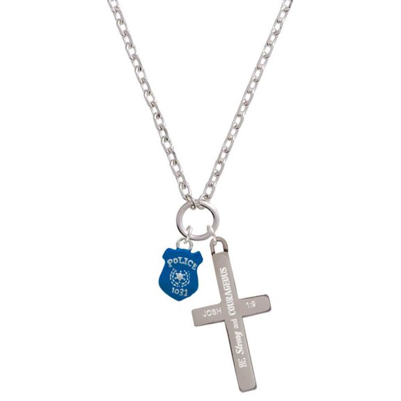 Delight Jewelry Silvertone Blue Policeman's Badge-Shape Be Strong and Courageous Engraved Cross Zoey Necklace, 28"