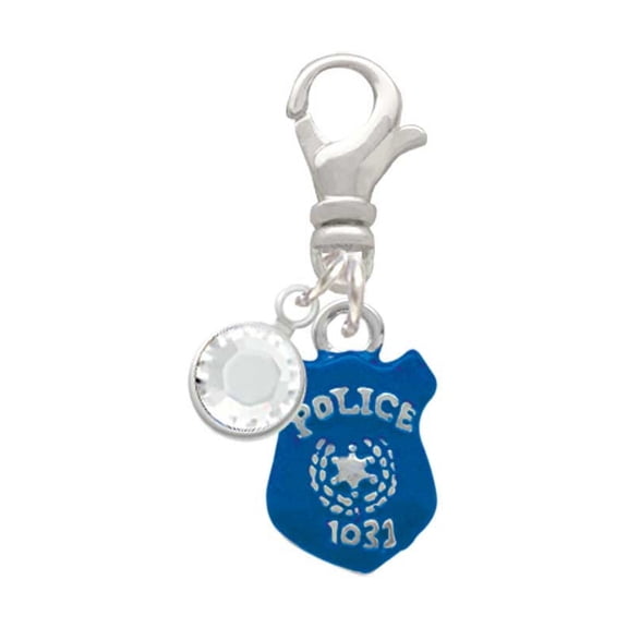 Delight Jewelry Silvertone Blue Policeman's Badge - Silvertone Clip on Charm with Clear Crystal Drop