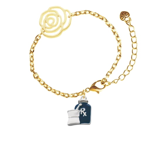 Delight Jewelry Silvertone Blue Prescription Bottle Gold-tone Flower Link Chain Bracelet, 6.75"+2" Extender