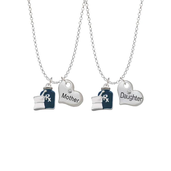 Delight Jewelry Silvertone Blue Prescription Bottle Mother & Daughter Heart Necklaces (Set of 2), 19"+2"