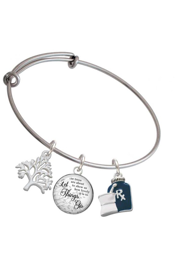 Silvertone Blue Prescription Bottle Silvertone Let Things Go Tree Charm Bangle Bracelet
