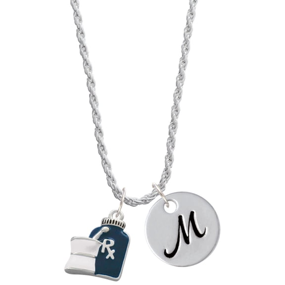 Delight Jewelry Silvertone Blue Prescription Bottle Silvertone Script Initial Disc - M - Charm Necklace, 20"+3"