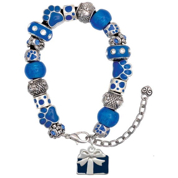 Delight Jewelry Silvertone Blue Present Blue Paw Print Bead Bracelet, 7"+2"