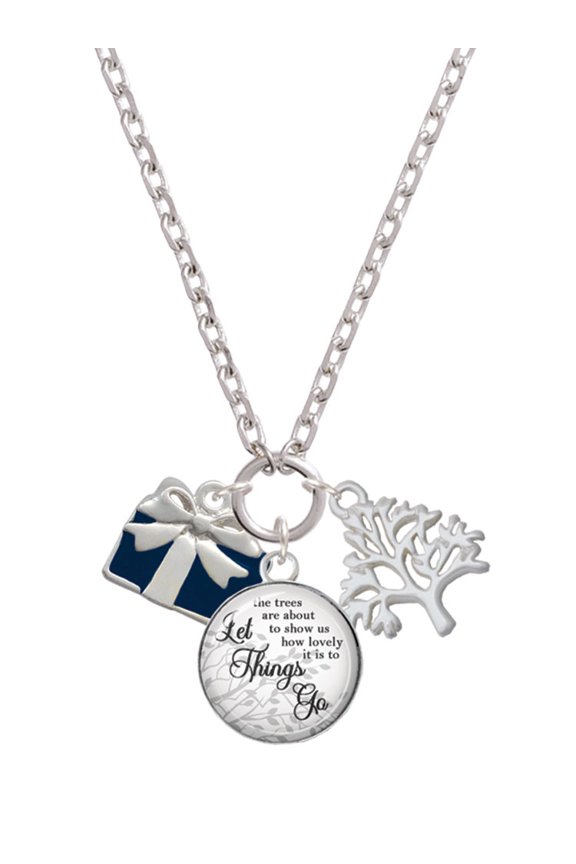 Silvertone Blue Present Let Things Go Fall Zoey Charm Necklace, 28"