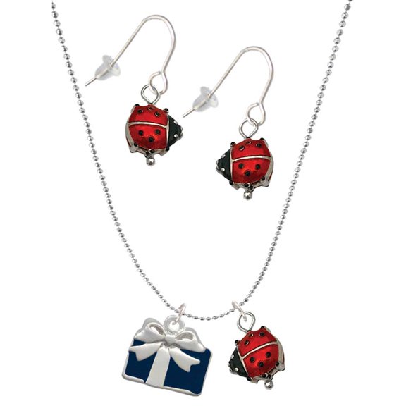 Delight Jewelry Silvertone Blue Present Red Lucky Ladybug Necklace and Dangle Earrings Set