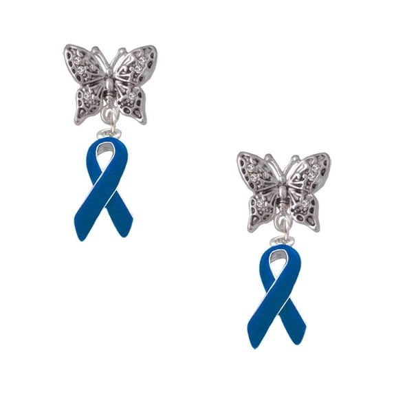 Delight Jewelry Silvertone Blue Ribbon Silvertone Antiqued Butterfly Post Earrings