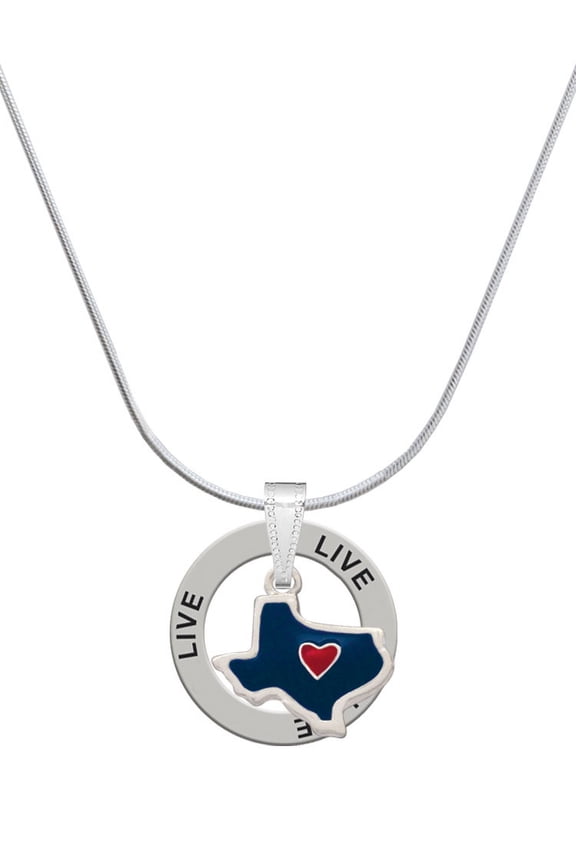 Silvertone Blue Texas with Red Heart Live Ring Charm Necklace, 18"