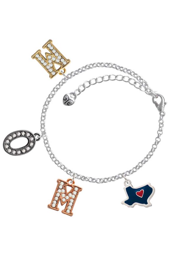 Silvertone Blue Texas with Red Heart Multi-Colored Crystal Mom Charm Bracelet