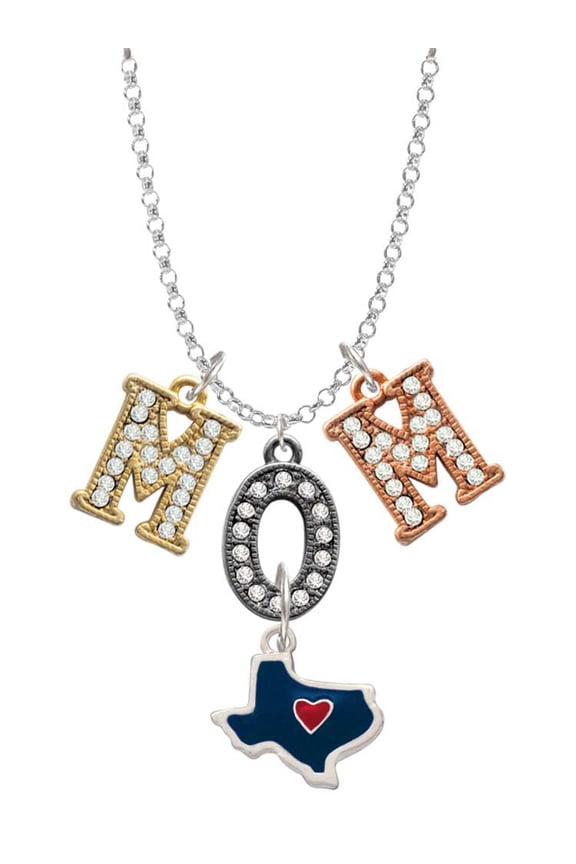 Silvertone Blue Texas with Red Heart Multi-Colored Crystal Mom Charm Necklace