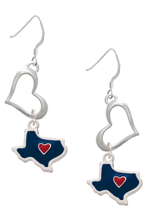 Silvertone Blue Texas with Red Heart Open Heart French Earrings
