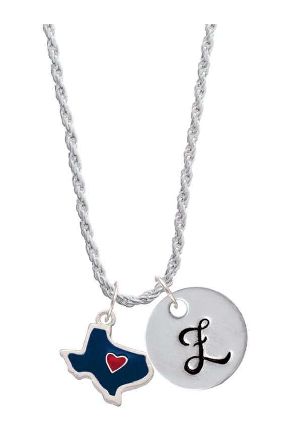 Silvertone Blue Texas with Red Heart Silvertone Script Initial Disc - Z - Charm Necklace, 20"+3"