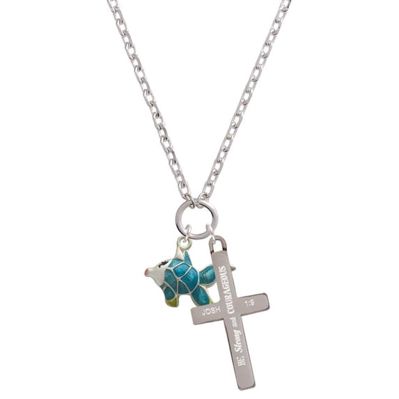 Delight Jewelry Silvertone Blue Tropical Fish with Yellow Fins Be Strong and Courageous Engraved Cross Zoey Necklace, 28"